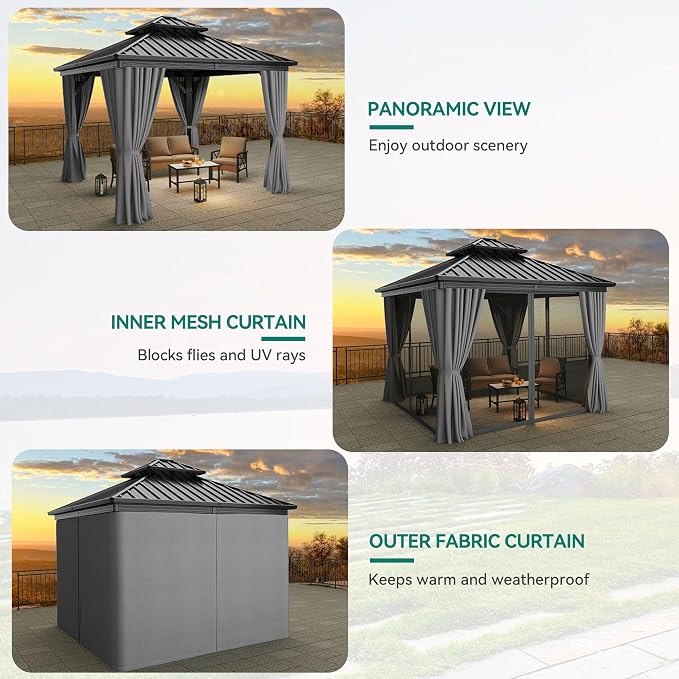 YITAHOME 10X10FT Gazebo Patios Hard Top Outdoor Double Roof Canopy Aluminum - Image 4