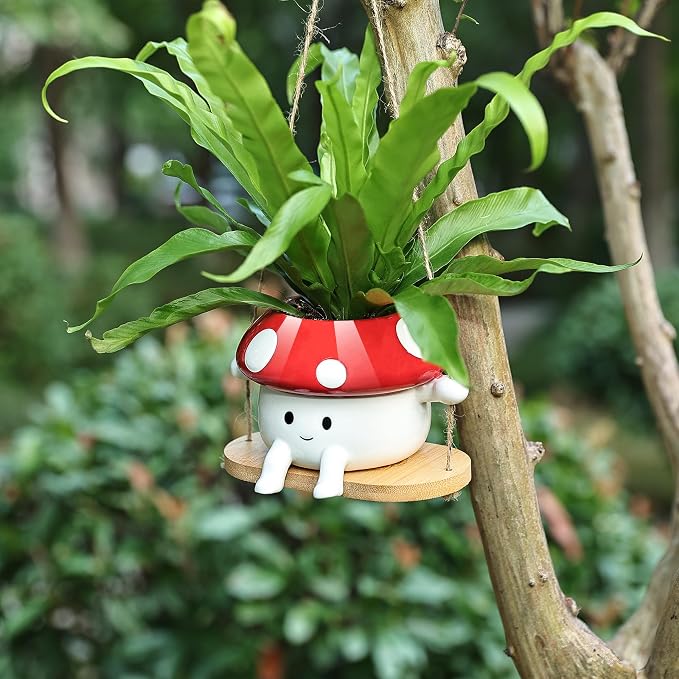 Fungi Fun Mushroom Hanging Planter Pot, Cute Ceramic Swing Face Planter - Image 4