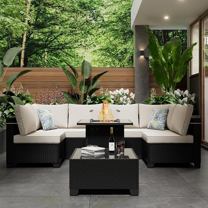8 Pcs Patio Furniture Set with Fire Pit Table Wicker Outdoor Sectional Sofa - Image 7