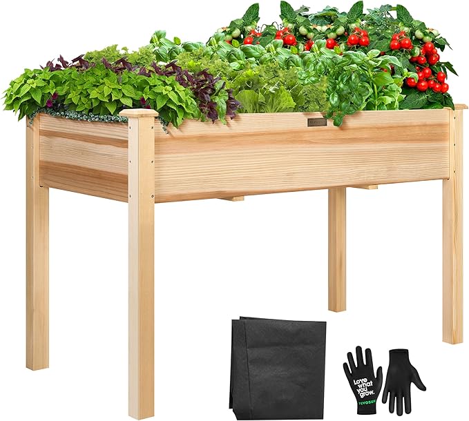 VIVOSUN Elevated Wooden Raised Garden Bed, Outdoor Wood Planter Box w Bed Liner by VIVOSUN