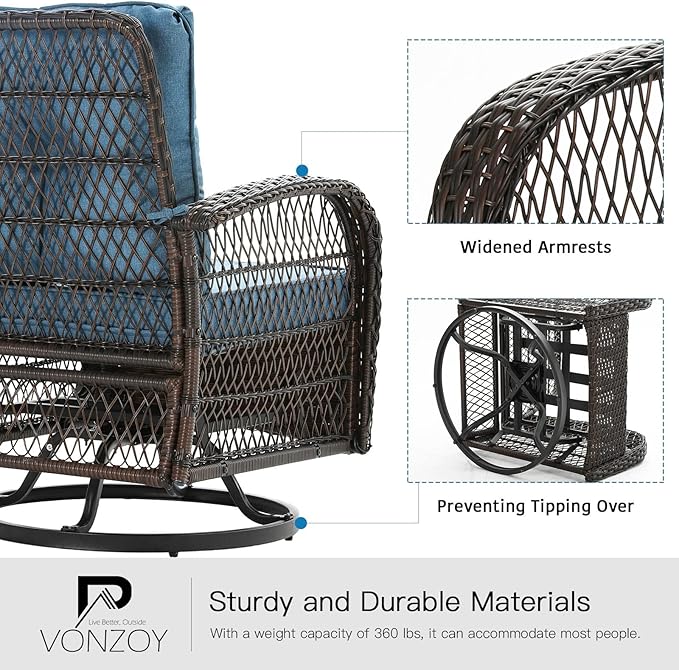 3 Pieces Patio Furniture Set, Outdoor Swivel Glider Rocker, Wicker Patio Bistro - Image 4