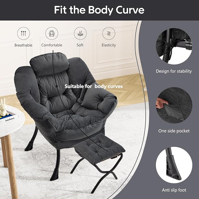 Lazy Chair with Folding Ottoman Modern Large Accent Chair, Contemporary Lounge - Image 4