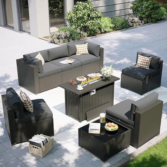 Aoxun Patio Furniture Set with Fire Pit Table, 8 Piece Outdoor Sectional Sofas by Aoxun