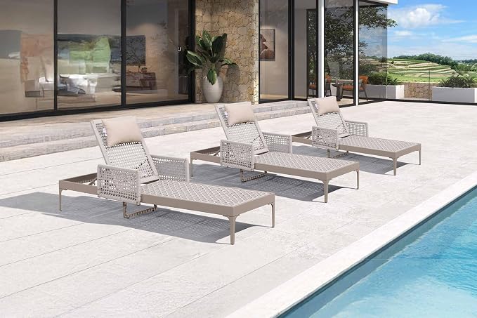 PURPLE LEAF 3 Pieces Outdoor Chaise Lounge Set Rattan Wicker Lounger by PURPLELEAF