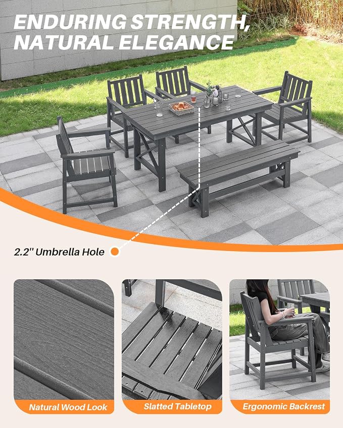 HDPE Outdoor Dining Set of 6, Patio Dining Table Set - Image 8