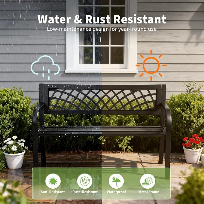 Garden Bench, Outdoor Benches, Iron Steel Frame Patio Bench - Image 4