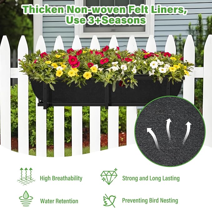 Riare 4 Pack 24 Inch Black Fabric Window Box Liners- Felt Square Trough Planter - Image 3