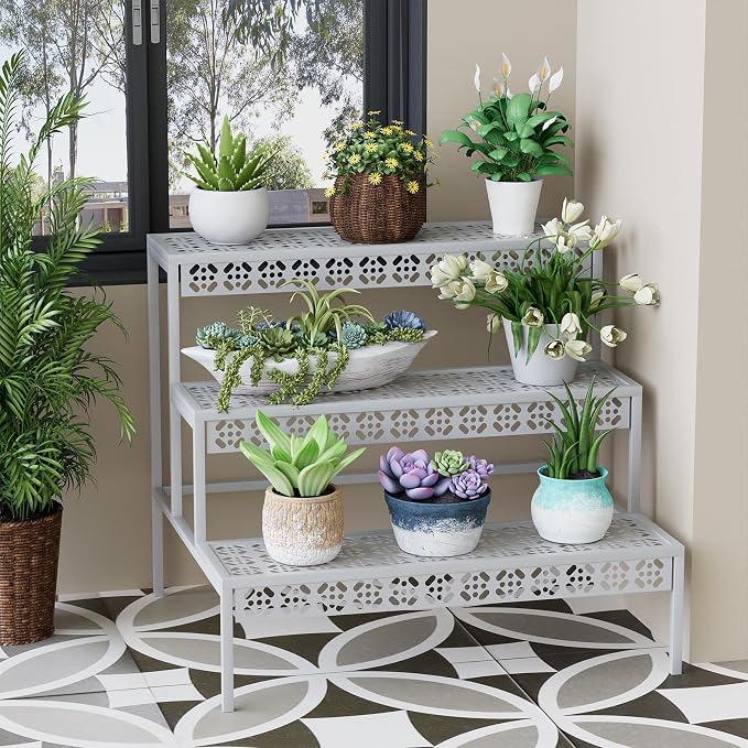 Garden 4 you 3 Tiers Metal Plant Stand, Rectangular Ladder Flower Pots Outdoor - Image 7