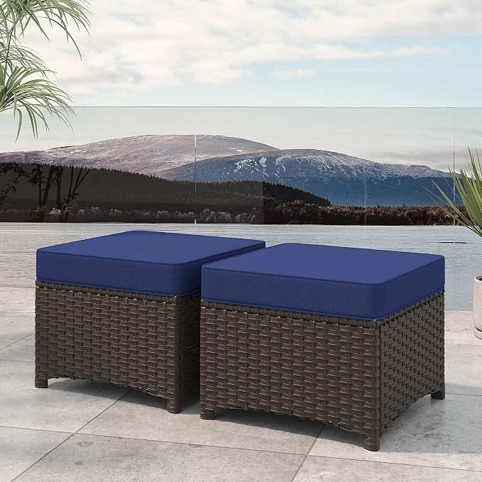 Patio Ottomans Set of 2, Outdoor 22" x 22" PE Wicker Ottoman by Welcome