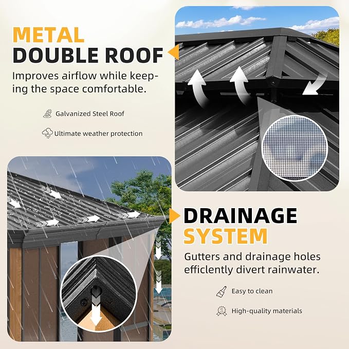 EROMMY 10' X 12' Hardtop Sunroom, Galvanized Steel Double Roof Gazebo Solarium - Image 4