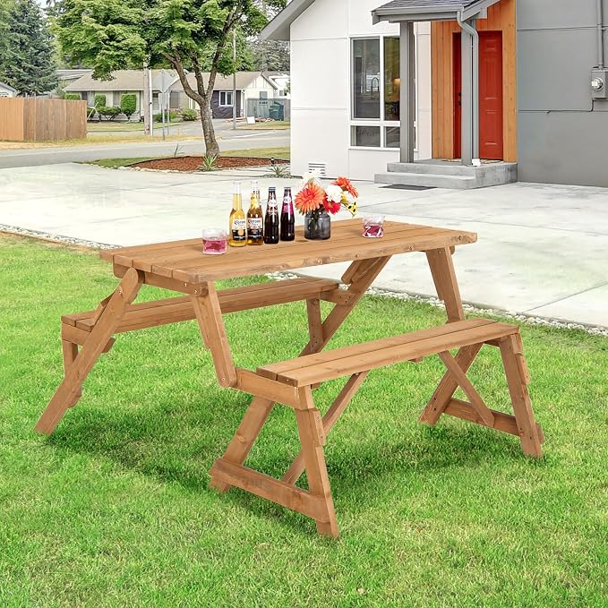 GYMAX Picnic Table, 2 in 1 Convertible Picnic Bench Table Set, Transforming - Image 6