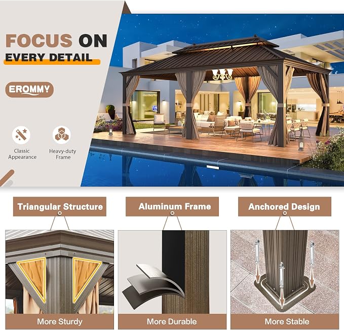 EROMMY 12' x 20' Gazebo Hardtop Double Roof Galvanized Steel Canopy - Image 6