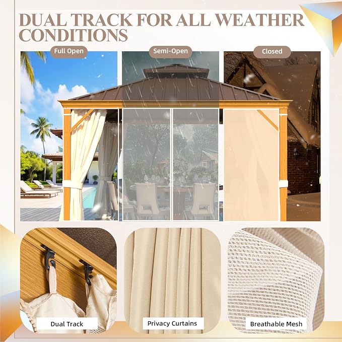 YOLENY 12' x 12' Hardtop Gazebo, Wood Grain Aluminum Frame Canopy - Image 5