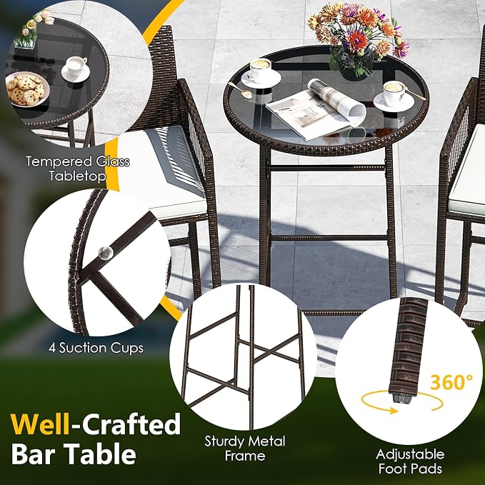 Tangkula 3 Piece Patio Bar Set, Outdoor Wicker Bar Height Glass Top Table & 2 - Image 8