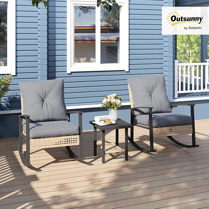 Outsunny 3 Pieces Rocking Wicker Outdoor Bistro Set, Rattan Patio Furniture Set - Image 2