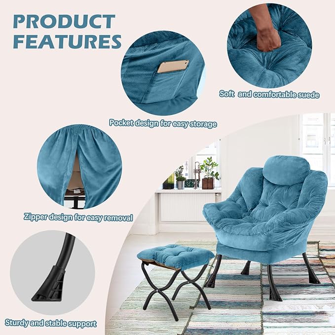 Lazy Chair with Folding Ottoman, Leisure Sofa Chair, Soft Fabric Armchair with - Image 5