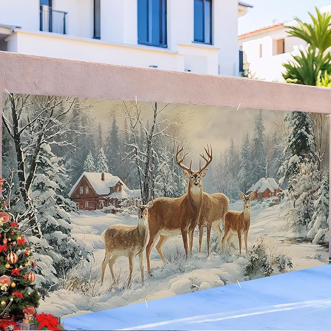 Winter Garage Door Banner 6x13FT, Winter Deer in Snowy Forest - Image 5