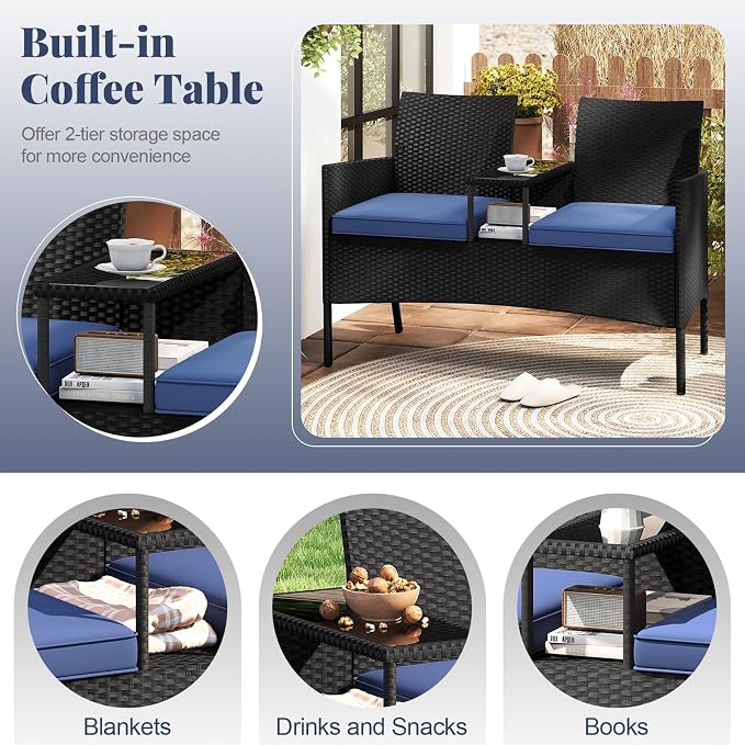 Tangkula Patio Loveseat with Built-in Table, Wicker 2-Seat Furniture with Soft - Image 9