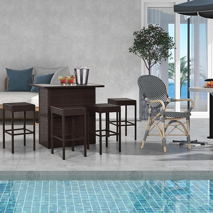 Outsunny 5 Pcs Rattan Wicker Bar Set, High Top Outdoor Table and Chairs - Image 2