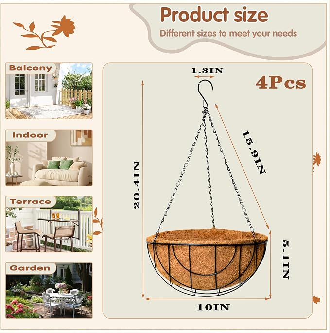 Metal Hanging Baskets for Plants Outdoor 4 Pack Round Metal Wire Hanging Basket - Image 5