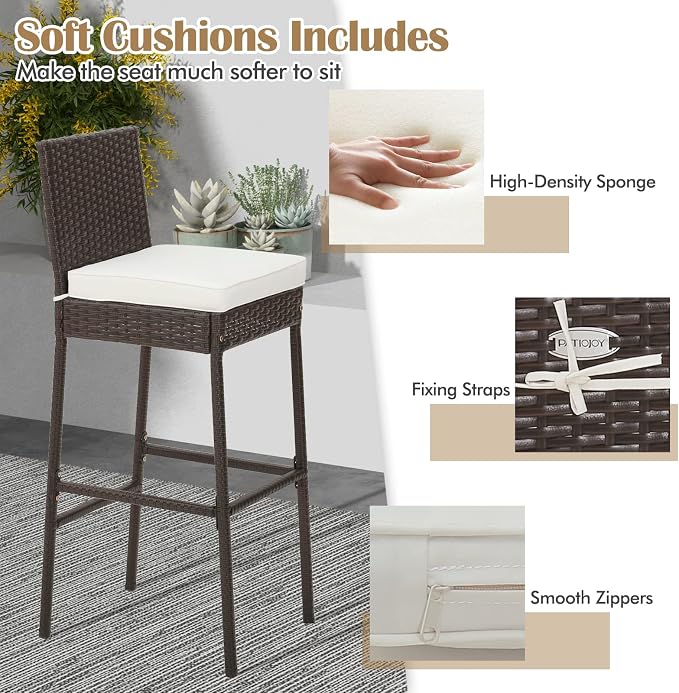 COSTWAY Outdoor Wicker Bar Stools Set of 4, Footrest and Backrest, Rattan - Image 5