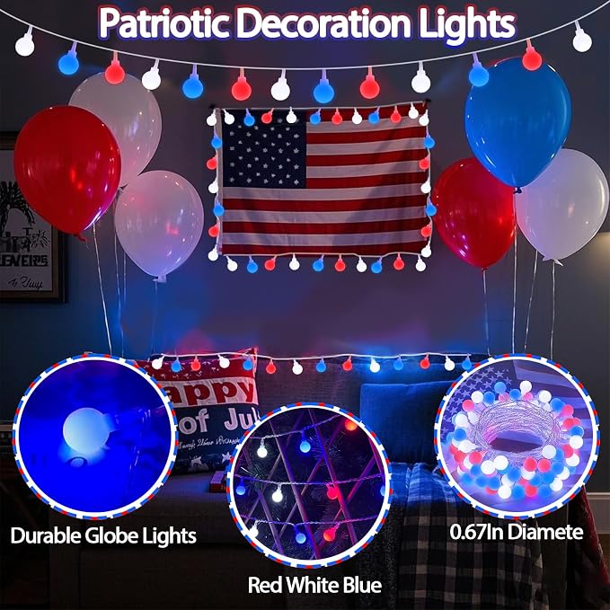 Connectable Red White and Blue String Lights Outdoor Indoor, 42FT 100LED 4th of - Image 6