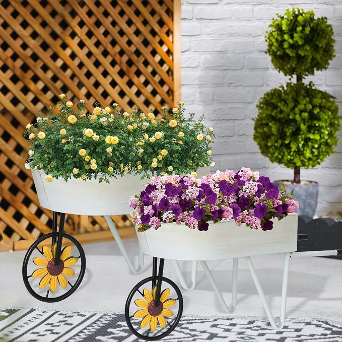 BAYN Metal Wheelbarrow Flower Cart Planter, 2 Packs Plant Stands - Image 2
