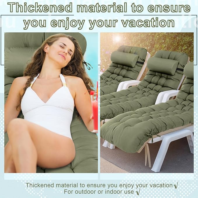 Tudomro 2 Pcs Olive Green 66'' Outdoor Chaise Lounge Cushion Waterproof Patio - Image 6