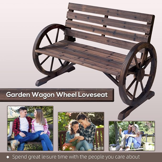 Outsunny 41" Wooden Wagon Wheel Bench, Rustic Outdoor Patio Weather Resistance - Image 7