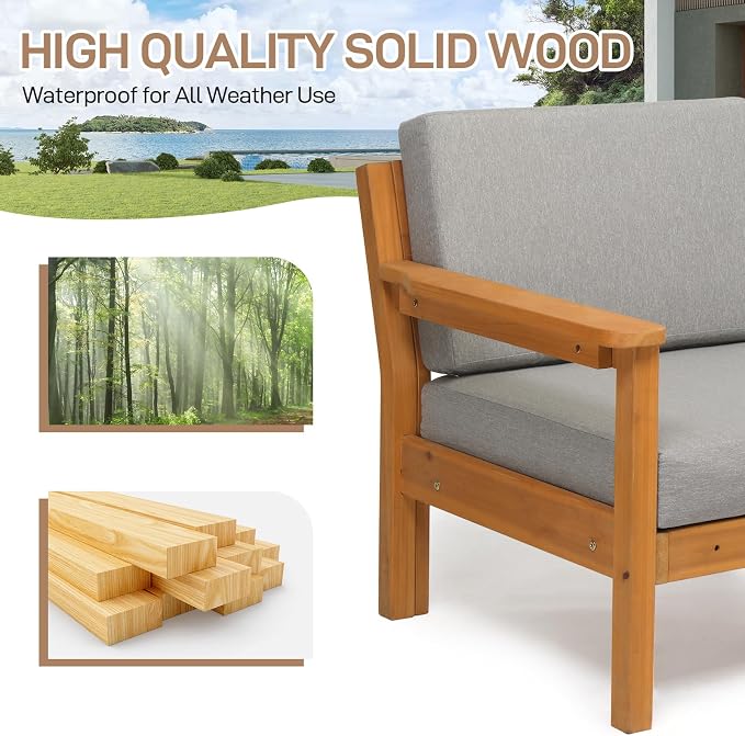 VINGLI 5 Pieces Wood Patio Furniture L-Shaped Outdoor Sectional Sofa Set - Image 4