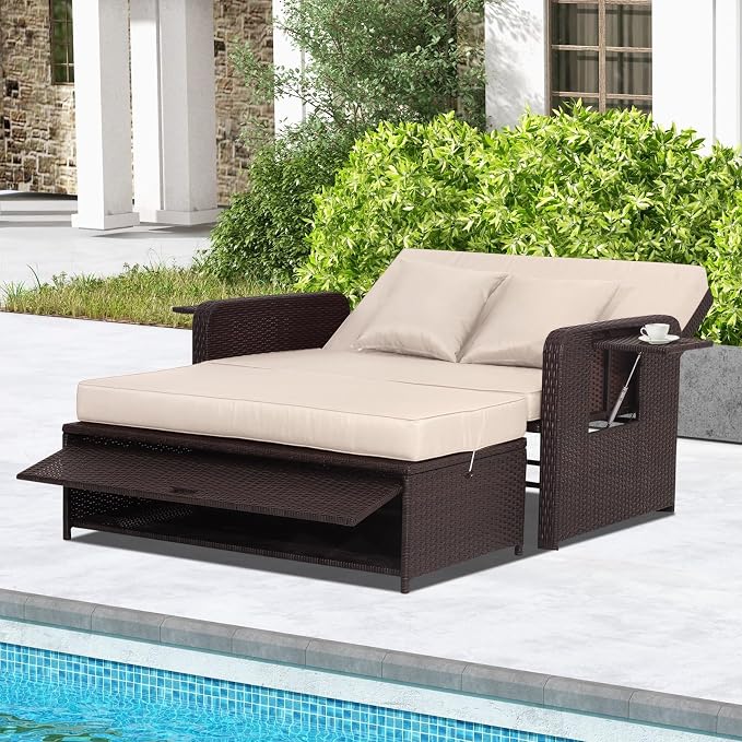 Nightcore Wicker Patio Outdoor Daybed, Outdoor Chaise Lounger w/ 4-Level by Goplus