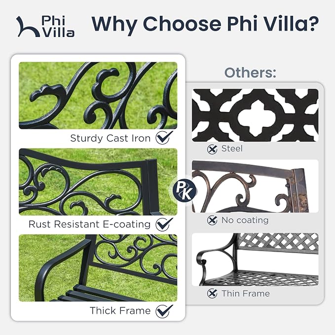 PHI VILLA 50-Inch Cast Iron Steel Frame Garden Bench Outdoor Patio Bench Chair - Image 7