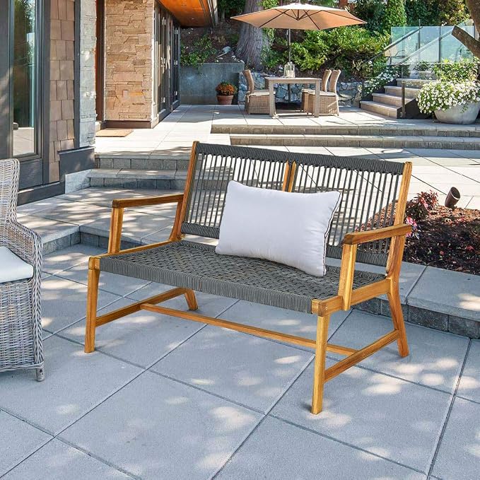 Tangkula 2-Person Patio Acacia Wood Bench Loveseat, Outdoor Patio Rope Bench in - Image 2
