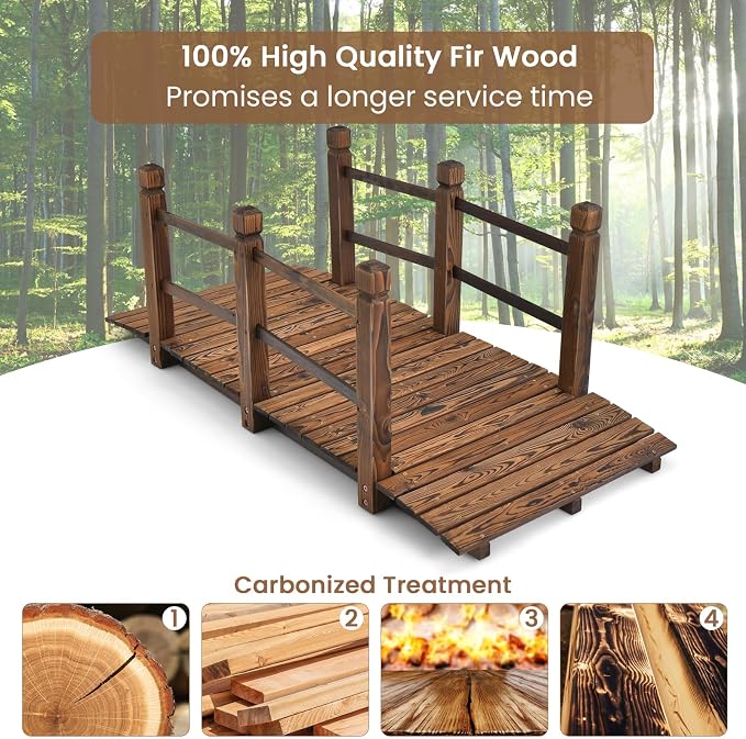 HAPPYGRILL 5FT Wooden Garden Bridge, Decorative Pond Landscaping Bridge - Image 7