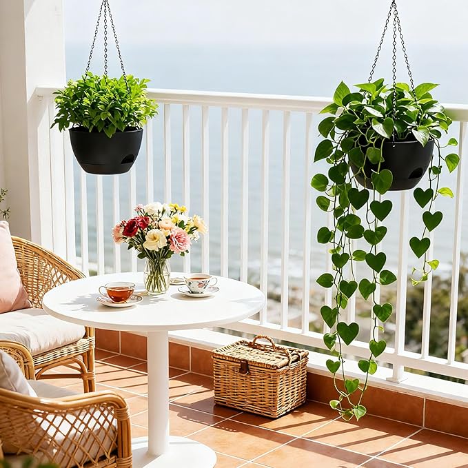 8 Inch Hanging Planters for Indoor Outdoor Plants, 4 Pack Black Plastic Self - Image 6