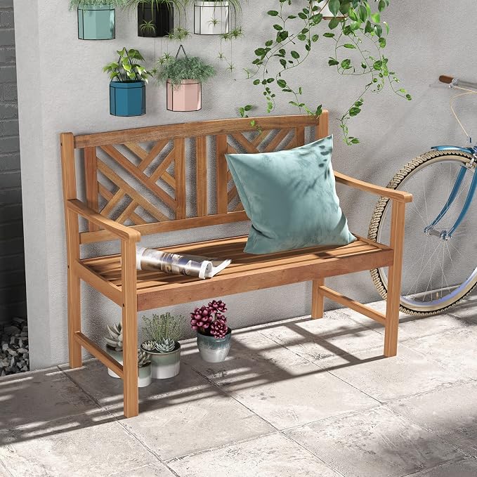 COSTWAY Outdoor Wooden Bench, Outdoor Acacia Wood Loveseat - Image 7