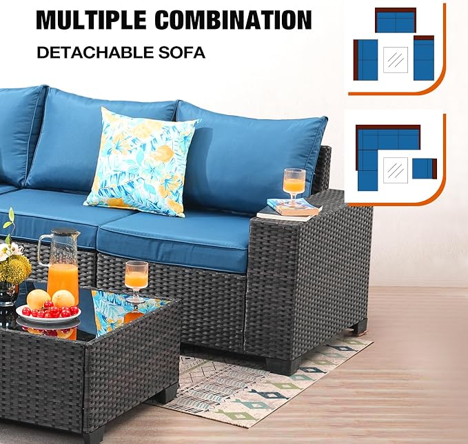 7 Pieces Patio Furniture Set All-Weather Outdoor Wicker Sectional Conversation - Image 6