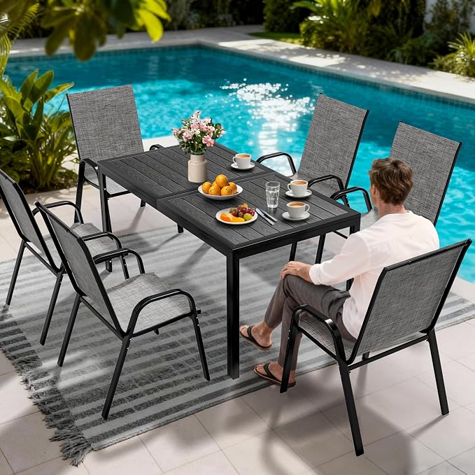 Pamapic Outdoor Dining Sets for 6, Rectangular Steel Slat Table - Image 4