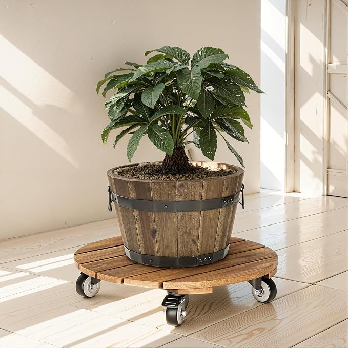 Idzo 2-Pack 14 Inch Acacia Wood Rolling Round Plant Caddy, Plant Caster - Image 7
