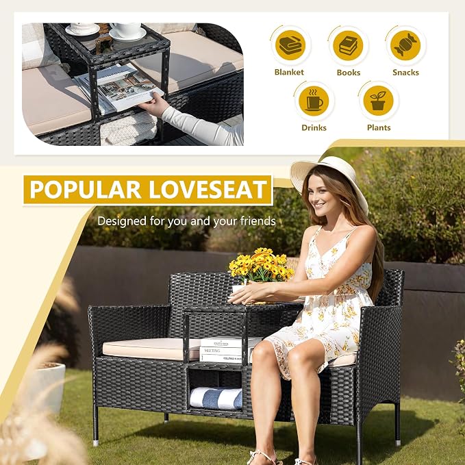 Devoko Outdoor Patio Loveseat Modern Rattan 2-Seat Patio Conversation Set - Image 3