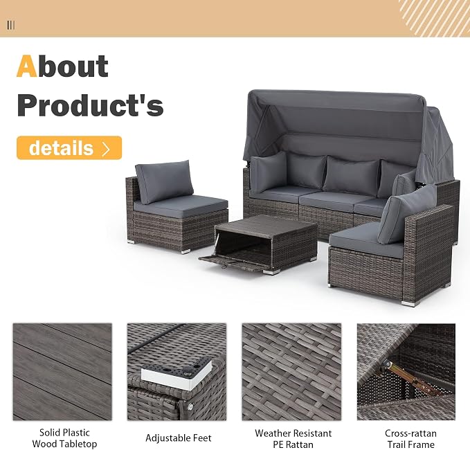 Vicluke 6 Pieces Patio Furniture Sets Outdoor Sectional Sofa Set Rattan Daybed - Image 4