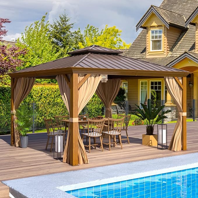 EROMMY 12' x 12' Gazebo, Wooden Finish Coated Aluminum Frame Canopy - Image 8