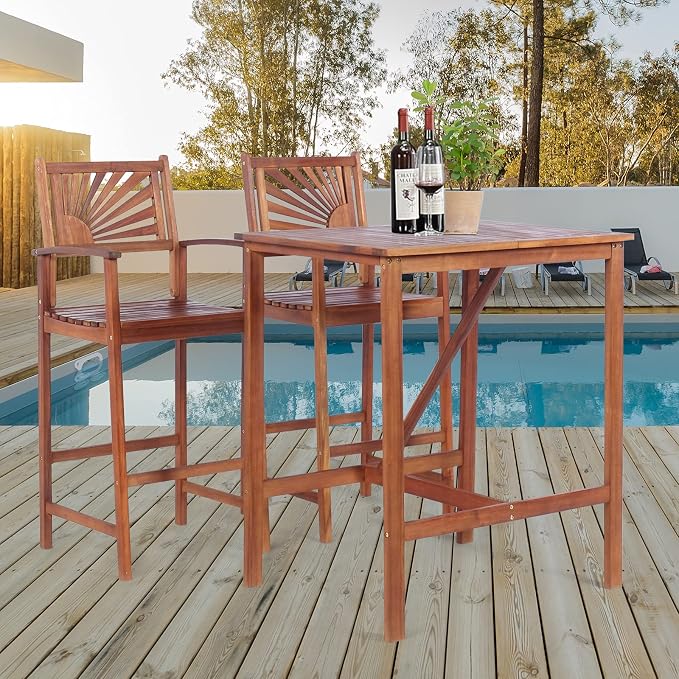 COSTWAY 3PCS Bar Table Set, Outdoor Acacia Wood Dining Set, Spacious Tabletop - Image 3