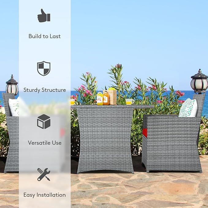 Tangkula 3 Pieces Patio Dining Set, Patiojoy Space-Saving PE Rattan Bistro Set - Image 4