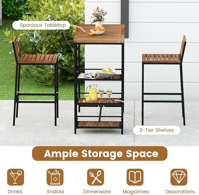 Tangkula Outdoor Wood Bar Set, 3 Pieces Patio Bar Height Table & Chair Set w/ - Image 8