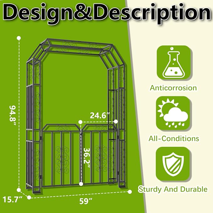 YOHKOH Garden Arch with Gate, Metal Garden Arbor with Gate, Double Lockable - Image 4