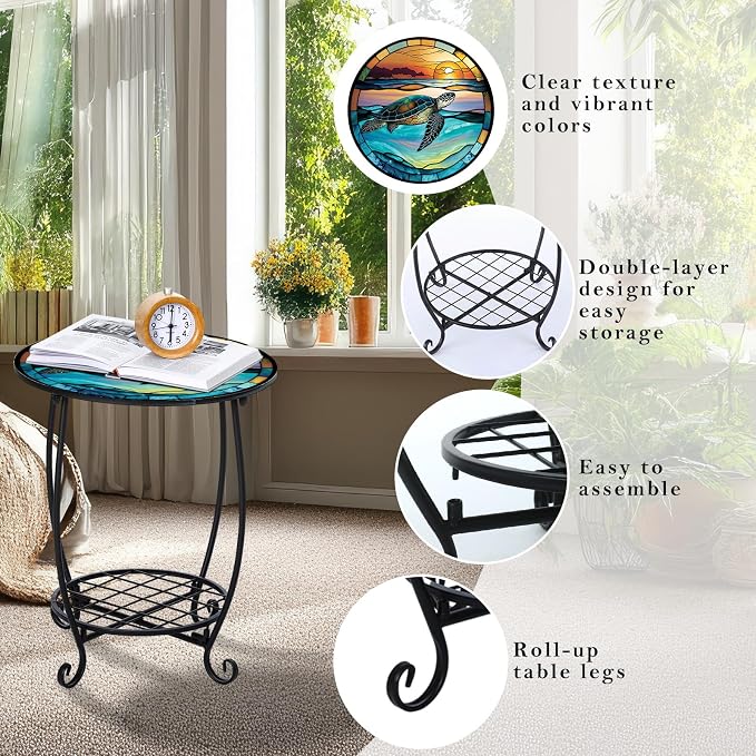 Outdoor Side Table Round Small Mosaic Patio Accent Indoor End Plant Coffee Tea - Image 4
