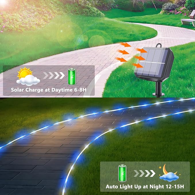 Solar Rope Lights, 2 Packs Total 66ft 200LED Solar String Lights, 8 Modes - Image 3