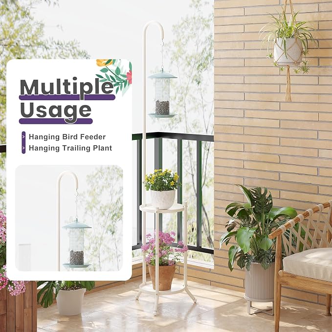 2-Tier Metal Plant Stand with Hanging Hook, Indoor Outdoor Plant Shelf - Image 5