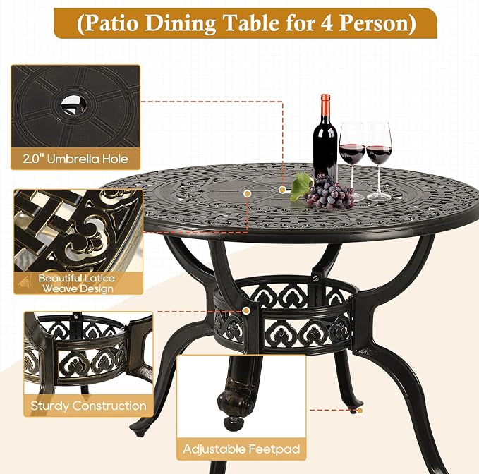 5-Piece Cast Aluminum Outdoor Patio Dining Set, All Weather Cast Aluminum - Image 2